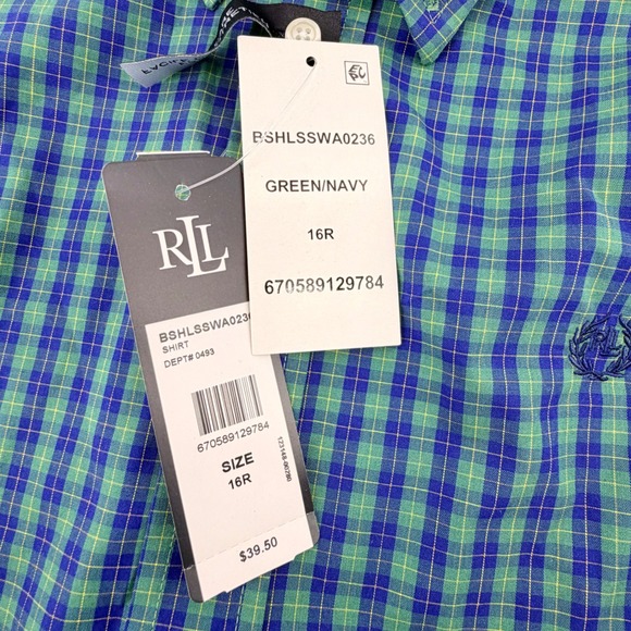 Lauren Ralph Lauren Kids Button Down Green & Navy Plaid Shirt Sz 16R NWT - Picture 5 of 8
